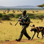 African Wild Dogs in Cerocola National Park**

"A pack of African wild dogs running across a vast savanna in Cerocola National Park, Ethiopia, fully clothed park ranger in background observing with binoculars, appropriate attire, safe for work, perfect anatomy, natural proportions, professional wildlife photography, daytime, golden hour lighting, high quality, family-friendly."

**