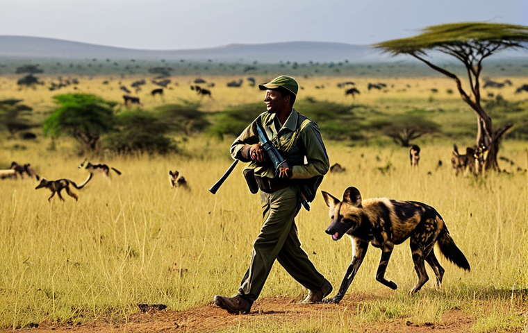 African Wild Dogs in Cerocola National Park**

"A pack of African wild dogs running across a vast savanna in Cerocola National Park, Ethiopia, fully clothed park ranger in background observing with binoculars, appropriate attire, safe for work, perfect anatomy, natural proportions, professional wildlife photography, daytime, golden hour lighting, high quality, family-friendly."

**