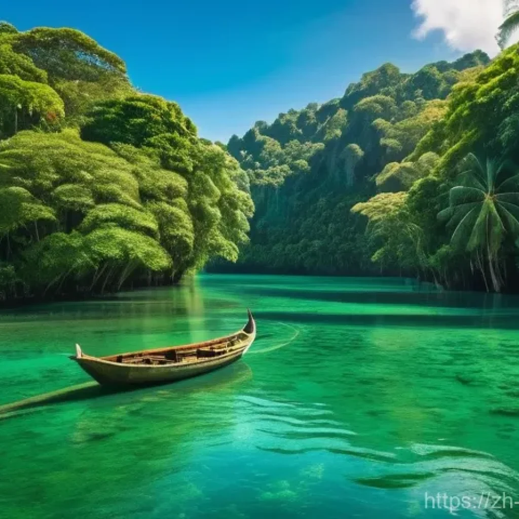 필라르 Pilar  리버 투어 - A serene and picturesque view of a traditional wooden boat gently navigating the crystal-clear, emer...