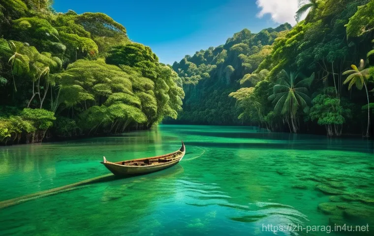 필라르 Pilar  리버 투어 - A serene and picturesque view of a traditional wooden boat gently navigating the crystal-clear, emer...