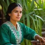 파라과이와 다른 남미 국가 비교 - **Prompt:** A serene scene depicting a Paraguayan woman, perhaps in her late 20s or early 30s, dress...