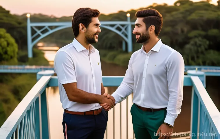 파라과이와 아르헨티나 관계 - **Prompt:** A New Dawn of Friendship:
    A detailed, photorealistic image depicting two individuals...