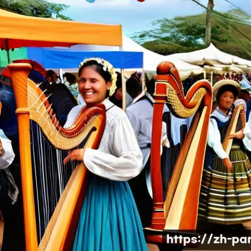 파라과이 하프 아르파 파라과야 - **A joyful Paraguayan harpist, either male or female, dressed in vibrant, modest folk-inspired attir...