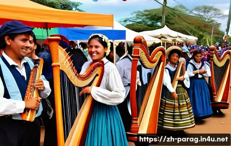 파라과이 하프 아르파 파라과야 - **A joyful Paraguayan harpist, either male or female, dressed in vibrant, modest folk-inspired attir...