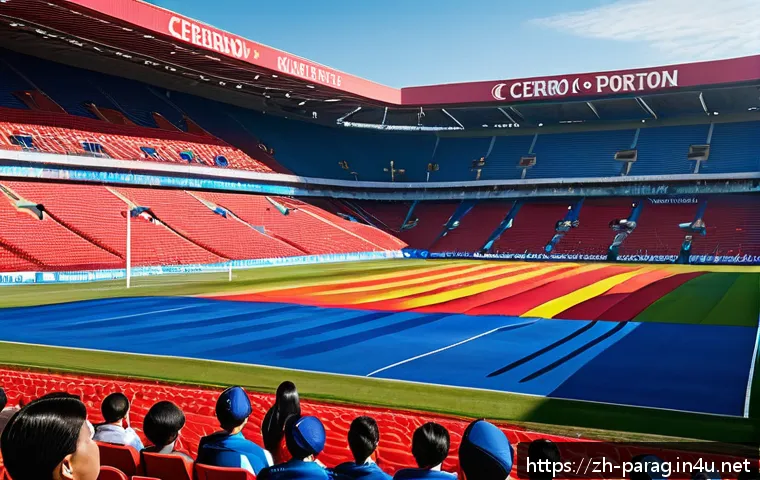 세로 포르테뇨 파라과이 축구 클럽 - A vibrant football stadium scene during a day match featuring Cerro Porte&ntilde;o&rsquo;s passionate fans in blu...