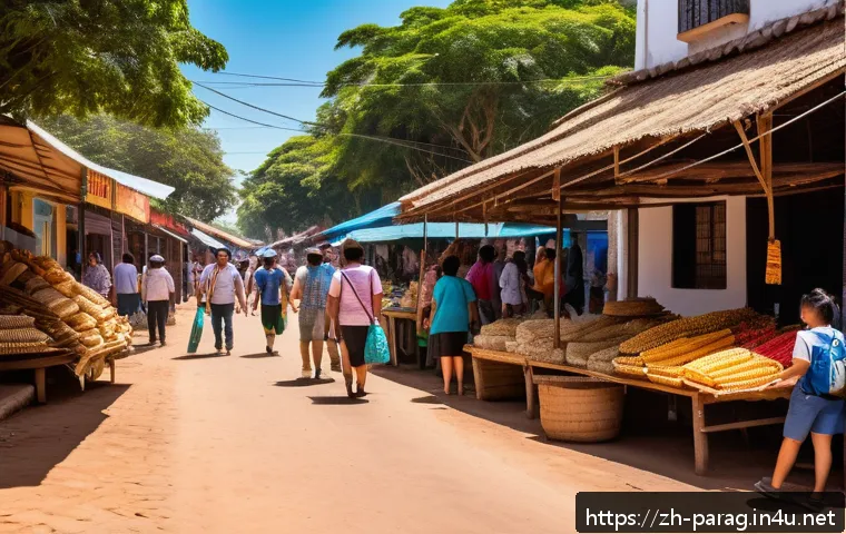 파라과이 여행 주의사항 - A vibrant street scene in Asunci&oacute;n, Paraguay during daytime, showing a diverse group of tourists and...