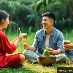 테레레 파라과이 전통 음료 - A vibrant South American outdoor scene featuring a traditional mate ritual: a group of friends sitti...