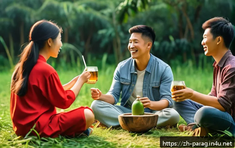 테레레 파라과이 전통 음료 - A vibrant South American outdoor scene featuring a traditional mate ritual: a group of friends sitti...