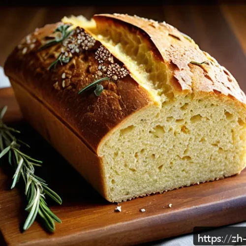 소파리파 Sopa Paraguaya 파라과이 옥수수 빵 - A rustic traditional Paraguayan cornmeal bread loaf resting on a wooden cutting board, showcasing a ...