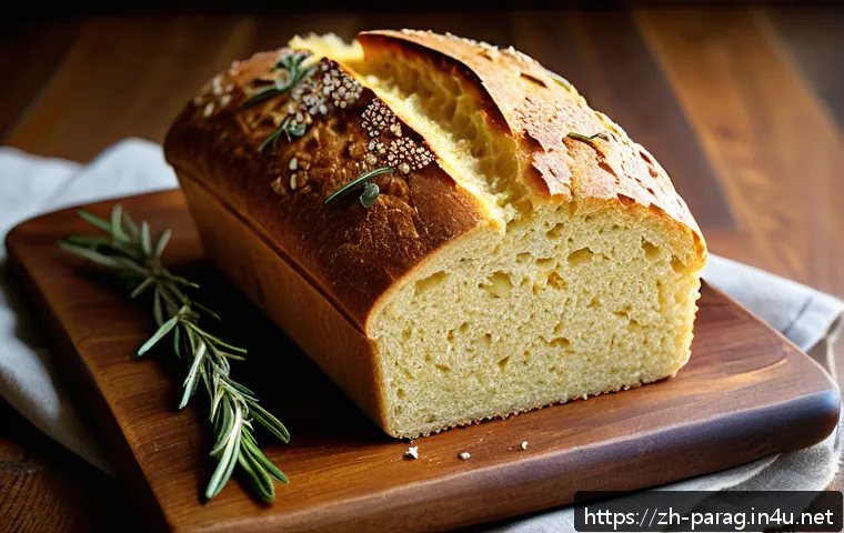 소파리파 Sopa Paraguaya 파라과이 옥수수 빵 - A rustic traditional Paraguayan cornmeal bread loaf resting on a wooden cutting board, showcasing a ...